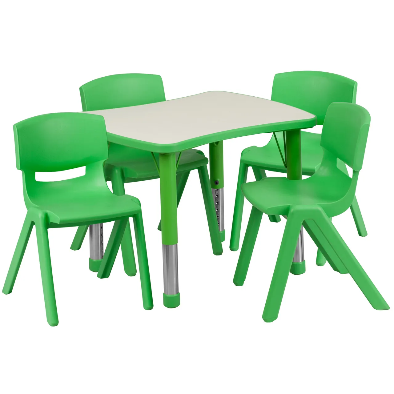 Flash Furniture YU-YCY-098-0034-RECT-TBL-GREEN-GG Preschool Activity Table Set, 26x22 Rectangular, Adjustable 14.5-23.75 Height, 220 lbs Capacity, Laminate Top, 4 Stacking Chairs