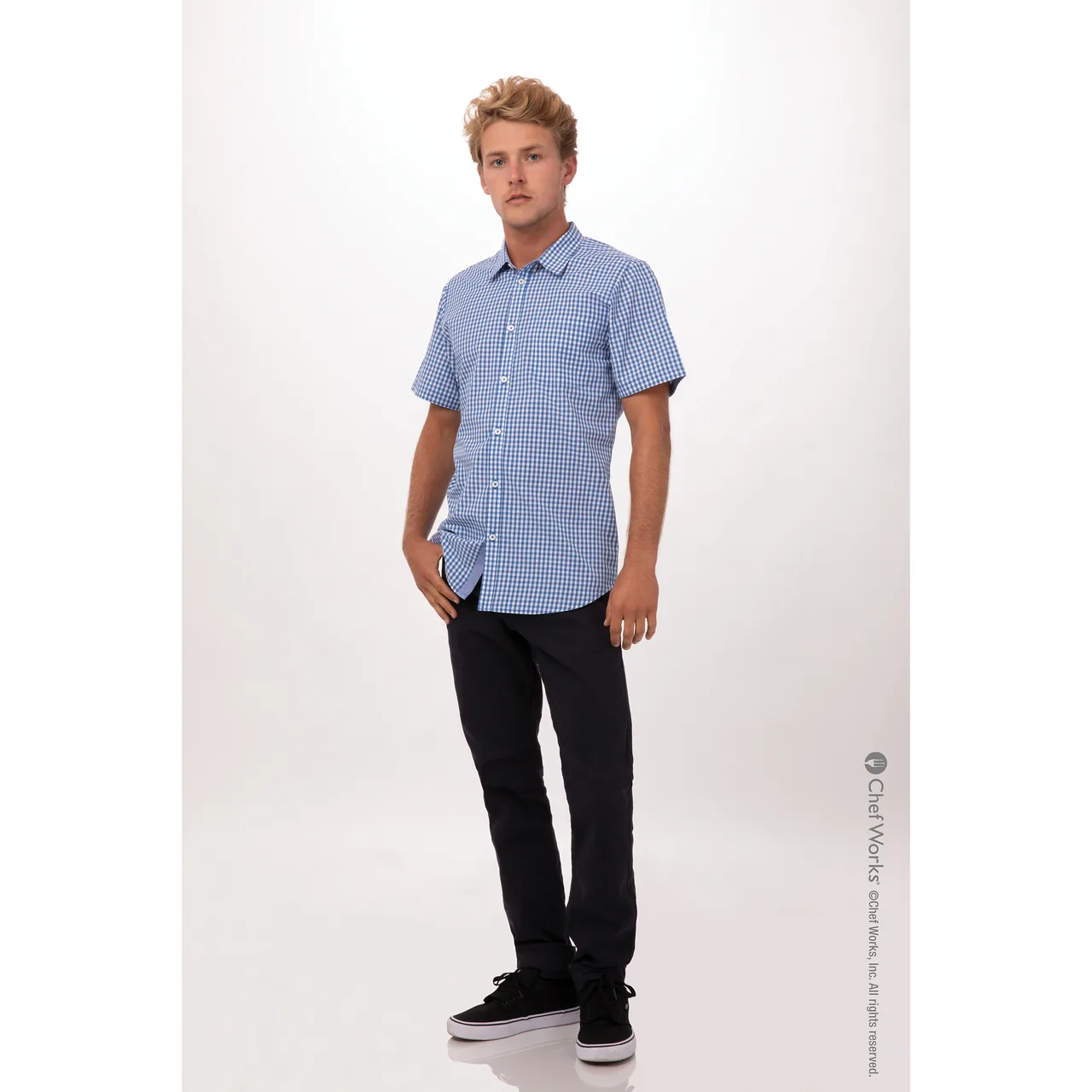 Chef Works SHC02-BLU-5XL Men's Gingham Cook Shirt, Short Sleeves, Blue, 5XLarge, 65/35 Poly/Cotton