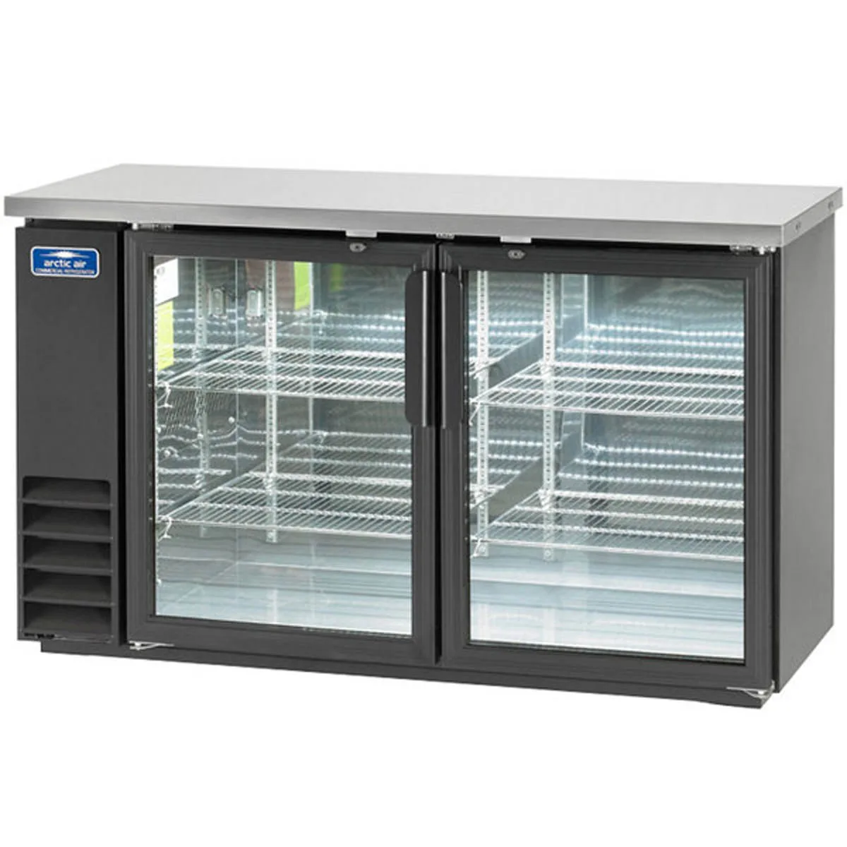 Arctic Air ABB60G 61" 2 Glass Swinging Door Back Bar Cooler, 16.7 cu. ft., 72x6-pk 12oz. cans