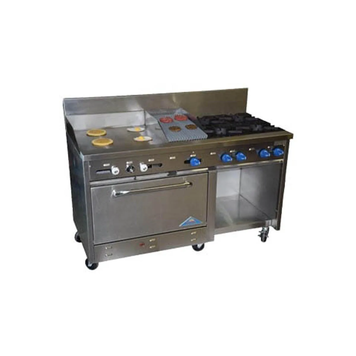 Comstock-Castle F33033-30-1.5RB 72" Gas Restaurant Range w/ (4) Open Burners, (1) 30" Griddle, (1) 18" Charbroiler, (1) Standard Oven, (1) Cabinet Base, 250.000 BTU