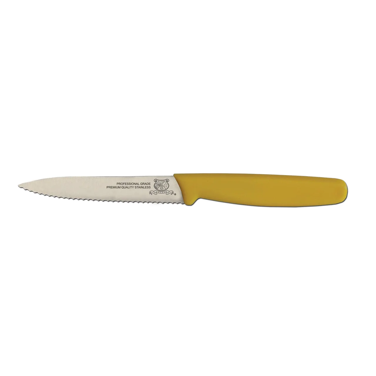 Omcan USA 11498 Paring Knife – 4" Wave Edge Stamped Spear Point, Steel Blade, Yellow Plastic Handle