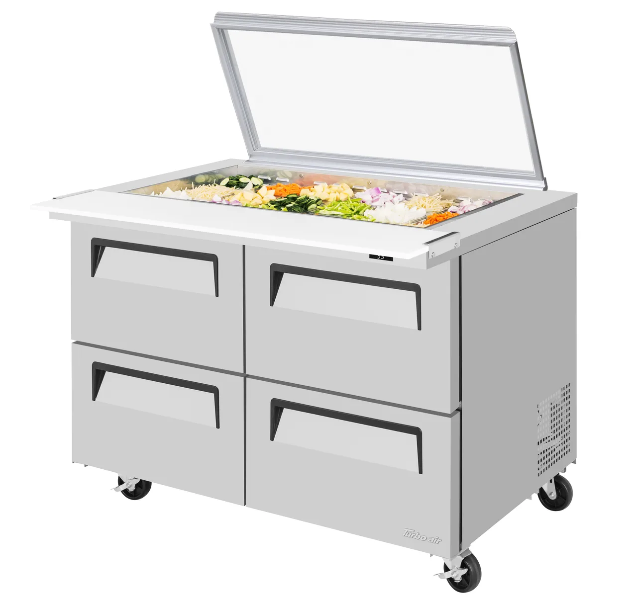 Turbo Air TST-48SD-18-D4-N-GL 48" 4-Drawer Mega Top Sandwich and Salad Prep Table, 18 Pans, Stainless Steel