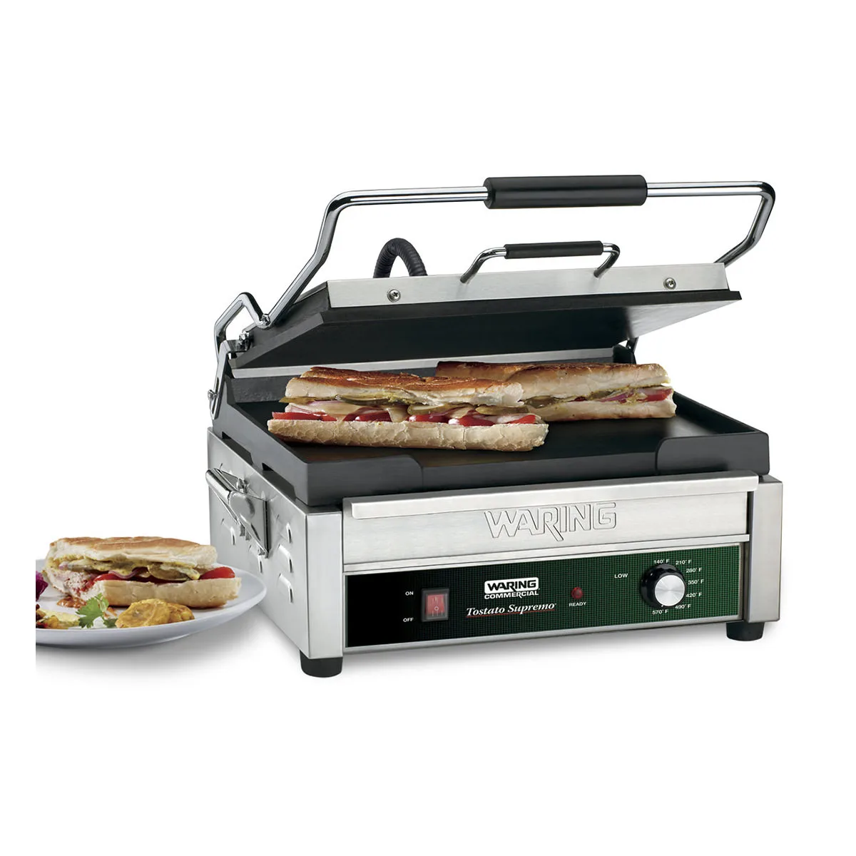 Waring WFG275 Single Cast Iron Sandwich Panini Grill w/ 14" x 14" Smooth Plates, 120V