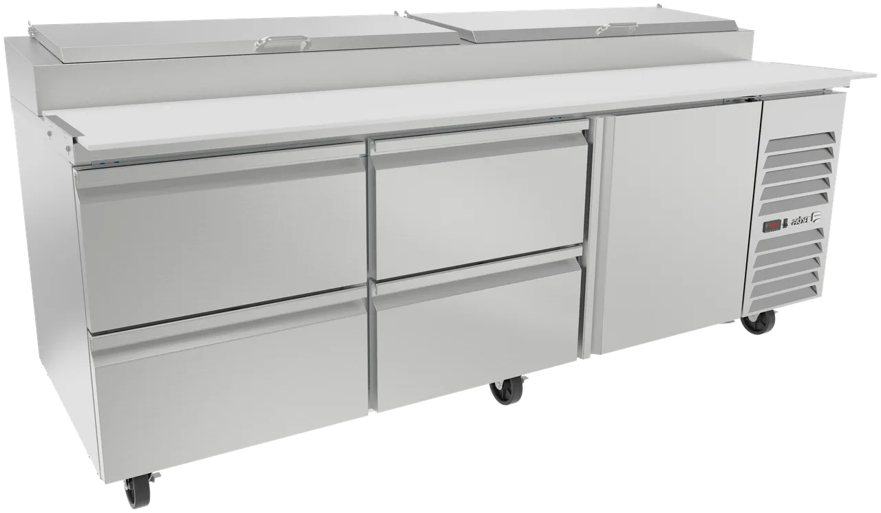 Asber APTP93 93" 3-Section Refrigerated Pizza Prep Table w/ 1 Door, 4 Drawers, 12 Pans