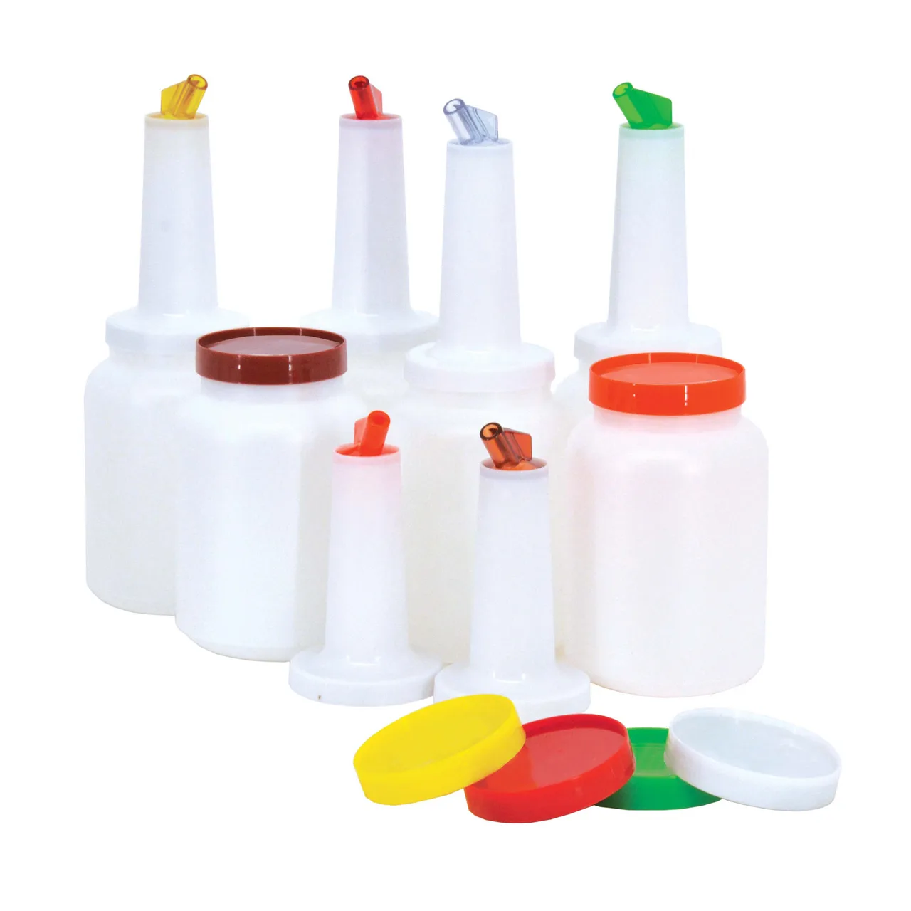 Omcan USA 80232 Multi-Pour Set, 12 x 2‑Qt (64 oz) Containers, Colors, Spouts & Lids - 12/Set