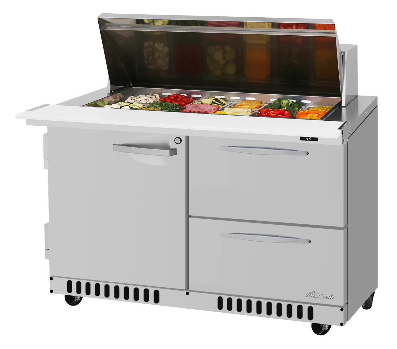Turbo Air PST-48-18-D2R(L)-FB-N 48" Mega Top Sandwich and Salad Prep Table w/ 1 Door & 2 Drawers, 18 Pans