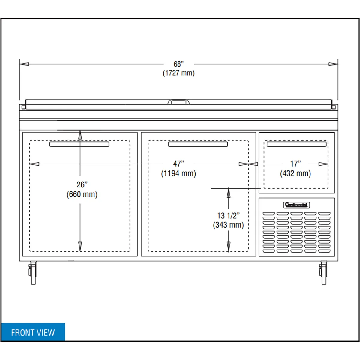 Continental Refrigerator PA68N 68" Pizza Prep Table w/ 2 Full & 1 Half Doors, 22 cu. ft.