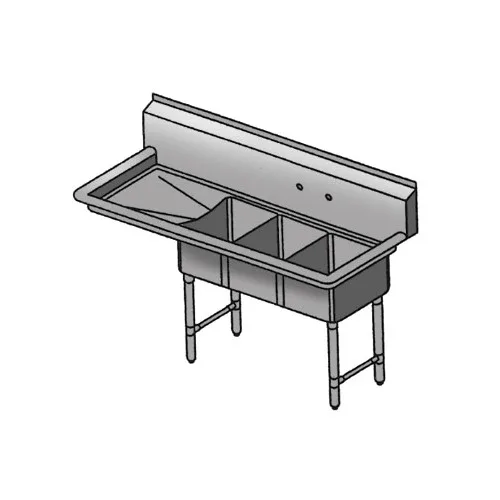 Klinger's Trading CON3DL 44" Three Compartment Sink, 10"W x 14"L Bowl With Left-Hand Drainboard