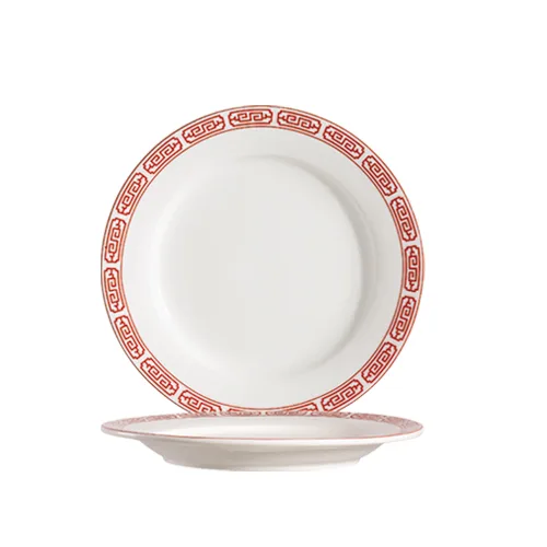 CAC China 105-7 Red Gate Plate – 7-1/4" Dia x 7/8" H, Round, Rolled Edge, Red/Bone White – 1 Dozen