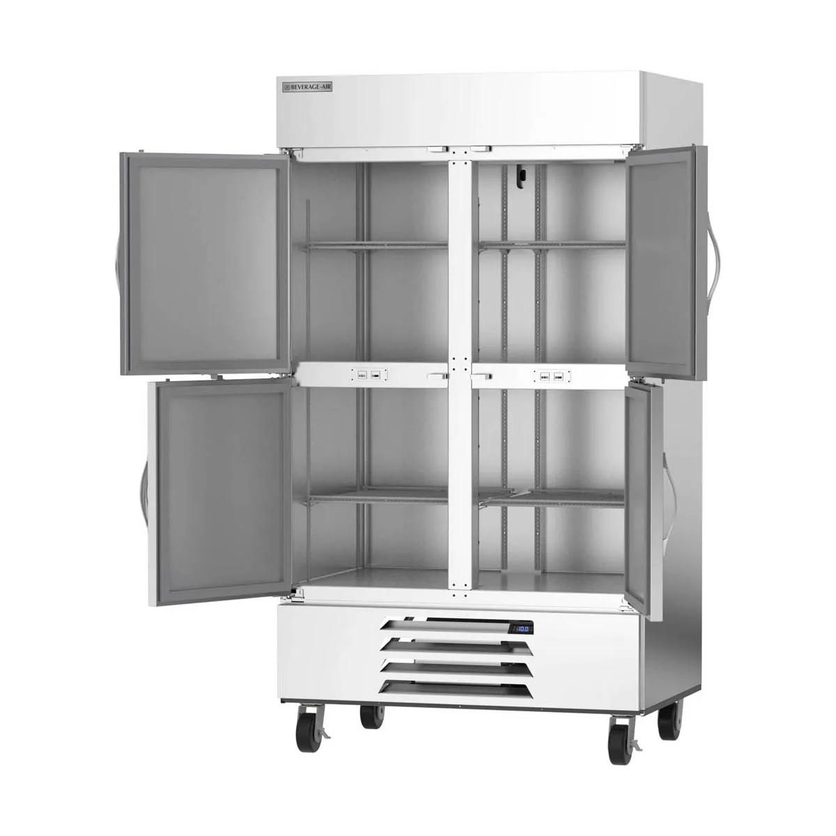 Beverage Air HBF44HC-1-HS 47" 4-Half Solid Door 2-Section Reach-In Freezer, Bottom Mounted, 44 cu. ft., Stainless Steel