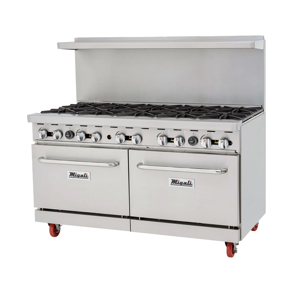 Migali C-RO10B-NG 10 Burners 60" Gas Restaurant Range w/ (2) Standard Ovens, 304.000 BTU