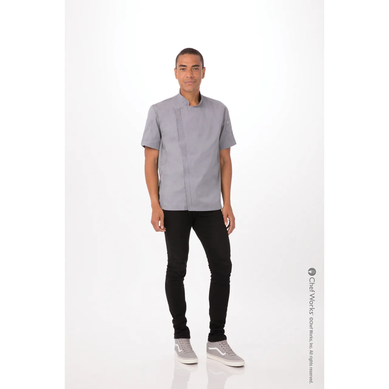Chef Works BCSZ009-GRY-5XL Short Sleeve Chef Coat, 5XL Gray 65/35 PolyCotton, Thermo/Phone Pockets