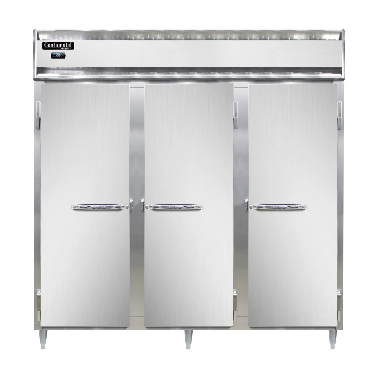 Continental Refrigerator DL3RNSSPT 78" 3-Section Pass-Thru Refrigerator w/ 6 Solid Doors, All Stainless Steel, 72 cu. ft.