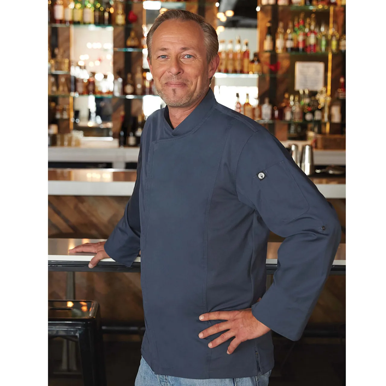 Chef Works BCLZ008-BLU-S Chef Coat, Small Blue, 65/35 Poly/Cotton Twill, Long Sleeves, Vent™ Pockets