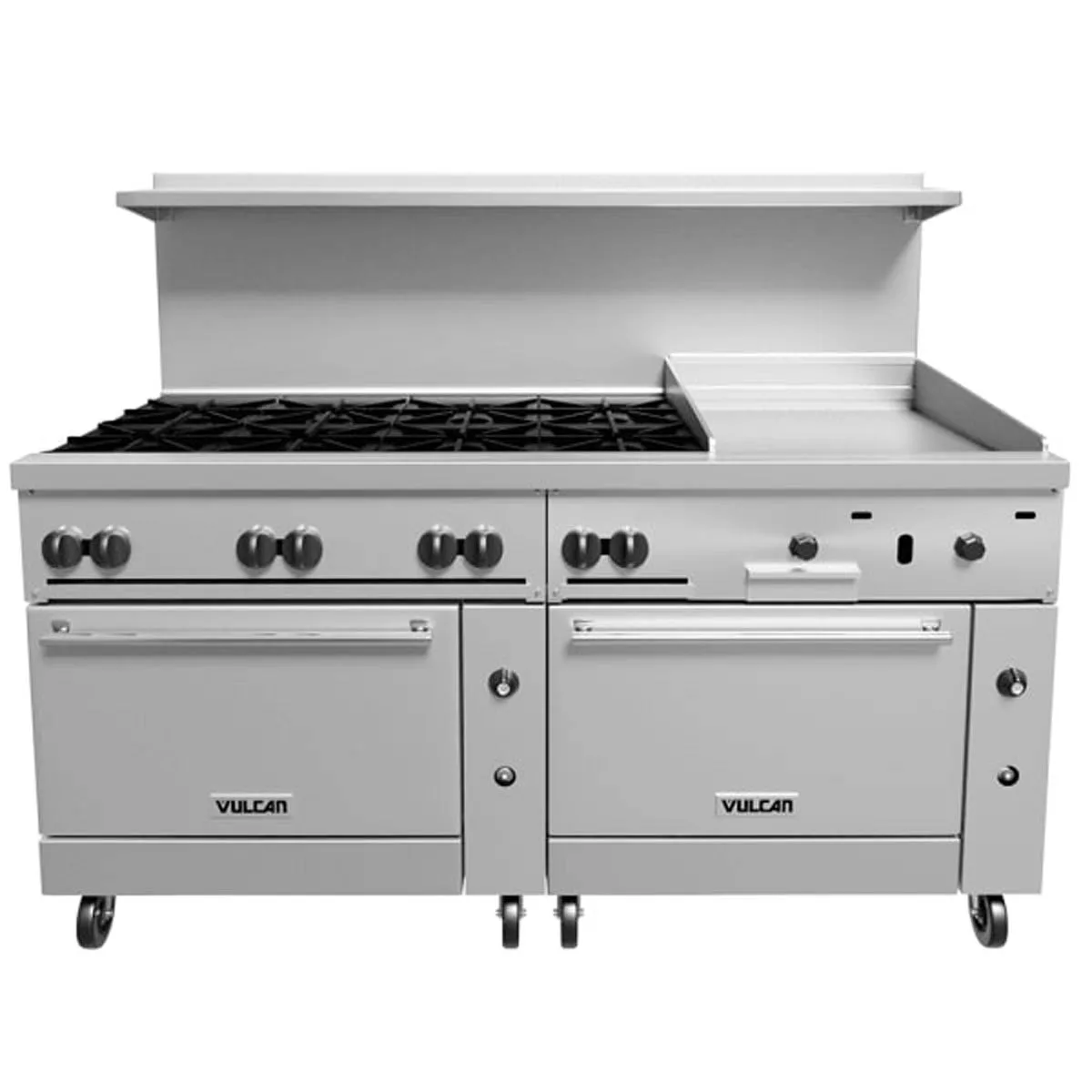 Vulcan 72SS-8B24G 72" Gas Restaurant Range w/ (8) Open Burners, 24" Griddle Right, (2) Standard Ovens, 350.000 BTU 
