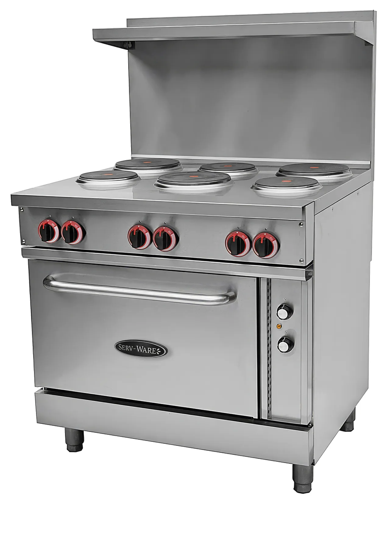 Serv-Ware SWER-36 Electric 36" Restaurant Range with Oven, 6 Plate Burners, Thermostat (112˚- 500˚) Controlled Oven