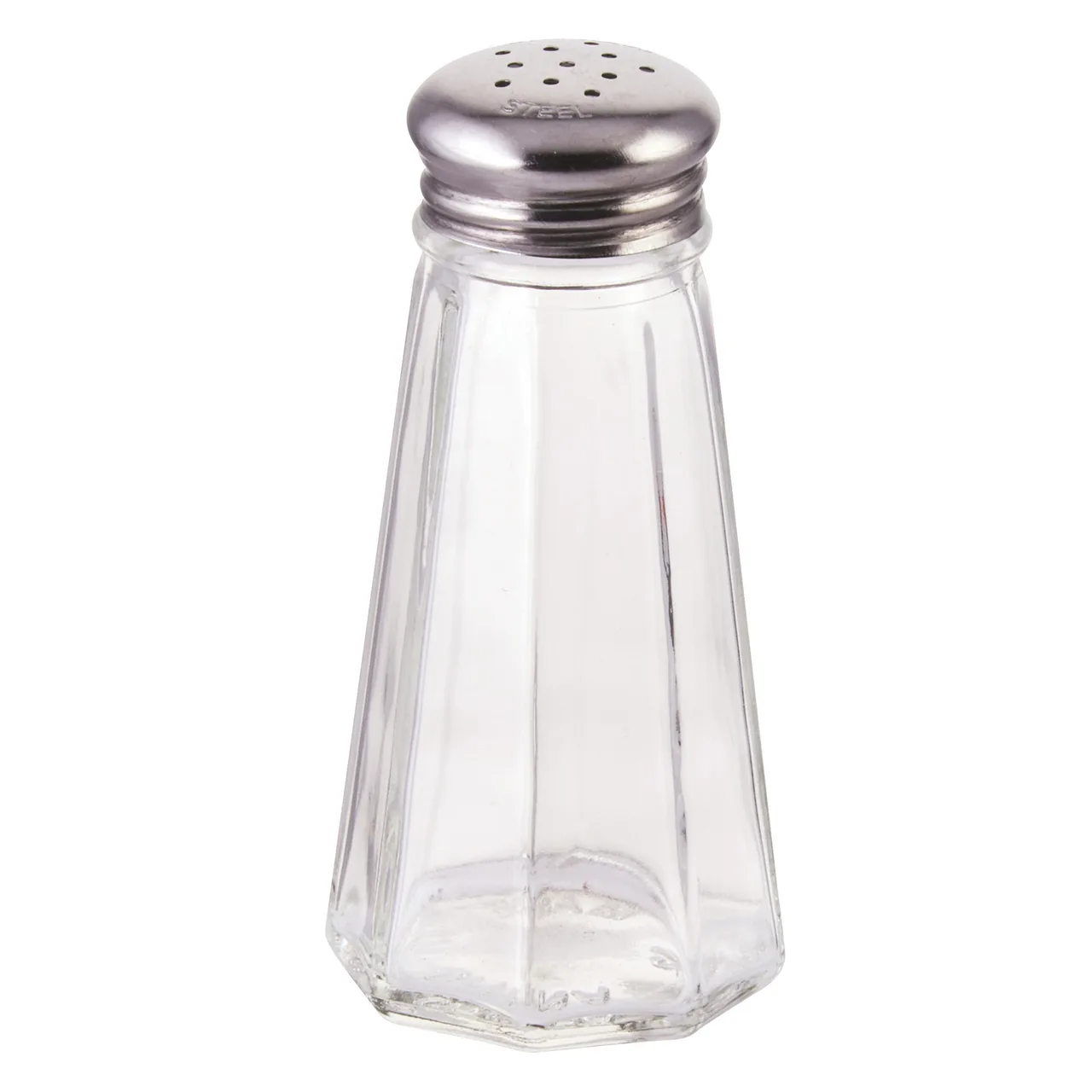 Winco G-117 3 oz Glass Salt & Pepper Shaker, Paneled Mushroom Top, 18/0 Stainless Steel - 1 Dozen
