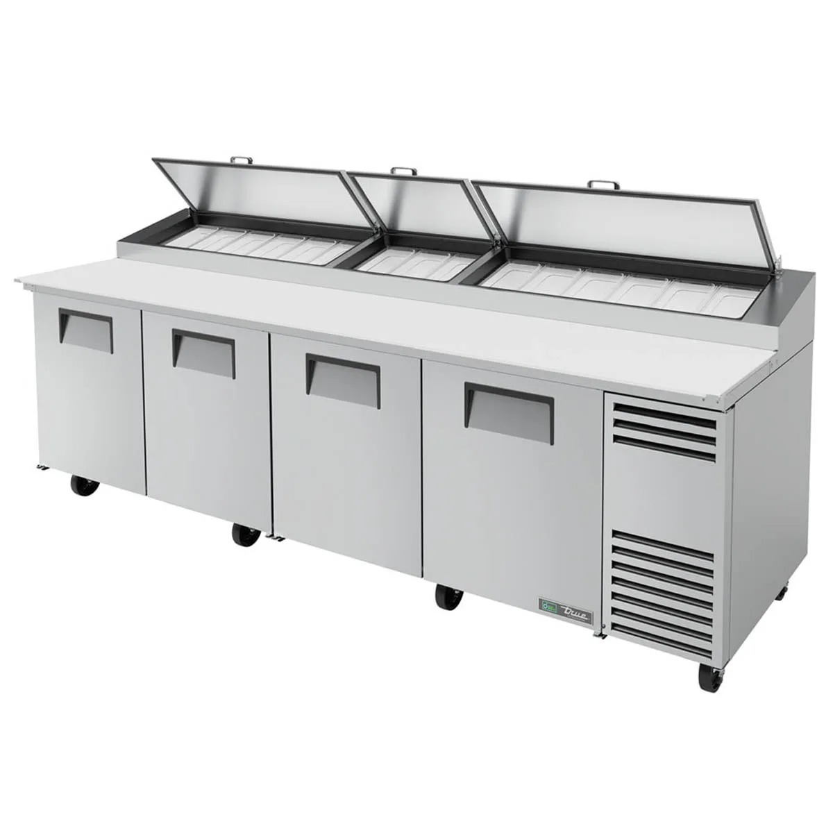 True TPP-AT-119-HC 119" 4 Doors Refrigerated Pizza Prep Table, (15) 1/3 Pans