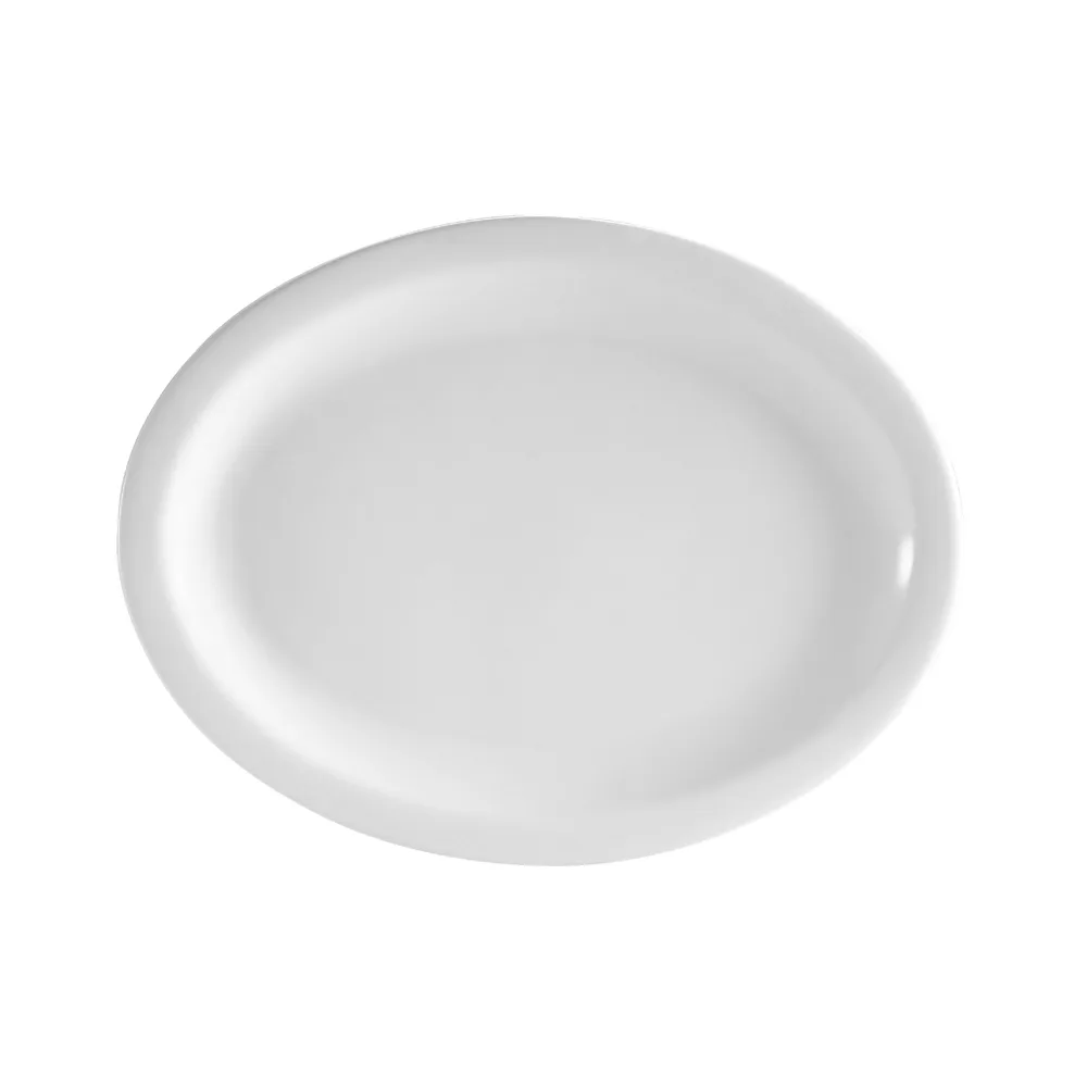 CAC China NCN-13 Platter, 11-1/2" L x 9-1/8" W x 1" H, Oval Narrow Rim, White Porcelain - Dozen