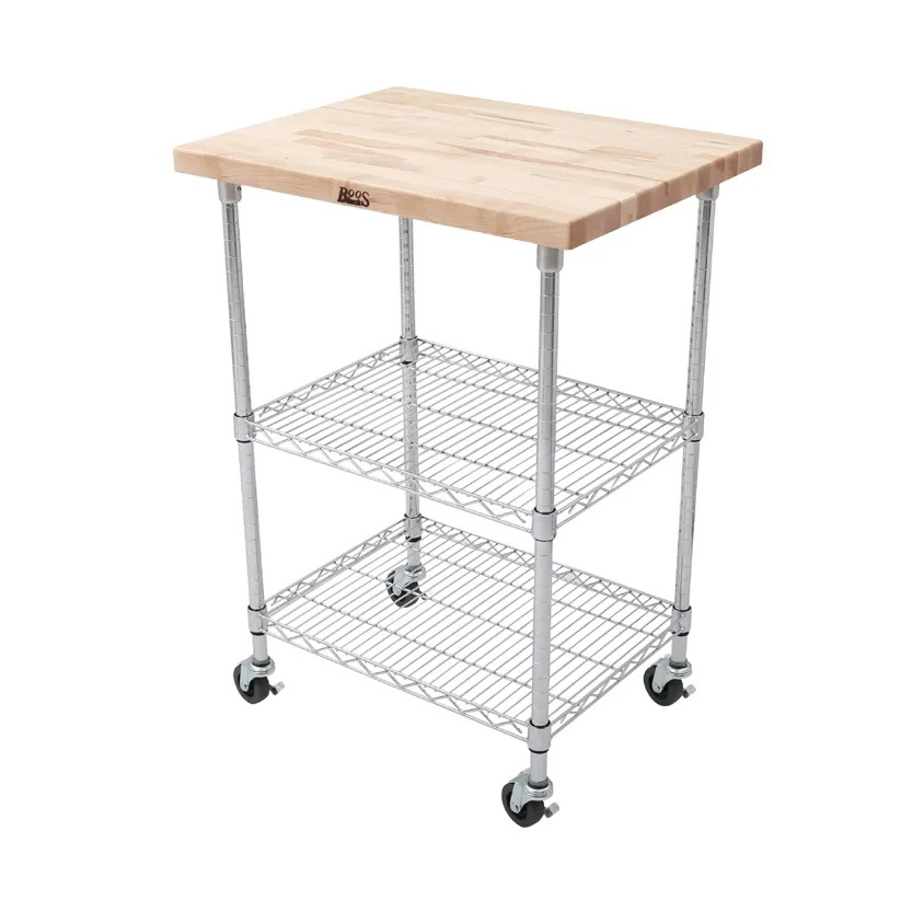 John Boos MET-MWC-2 Metropolitan Two-Shelf Chrome Wire Utility Cart w/ Maple Top