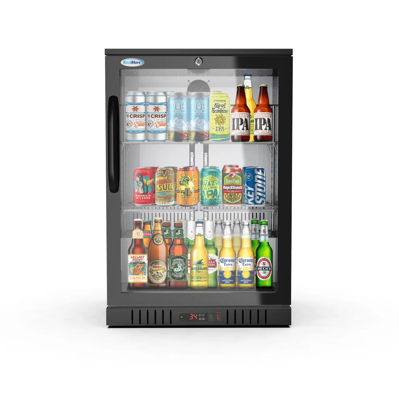 Koolmore BC-1DSW-BK Cooler, 23" W x 20.5" D x 35.4" H, 4.1 cu ft, Glass Door with Lock, LED, Shelves