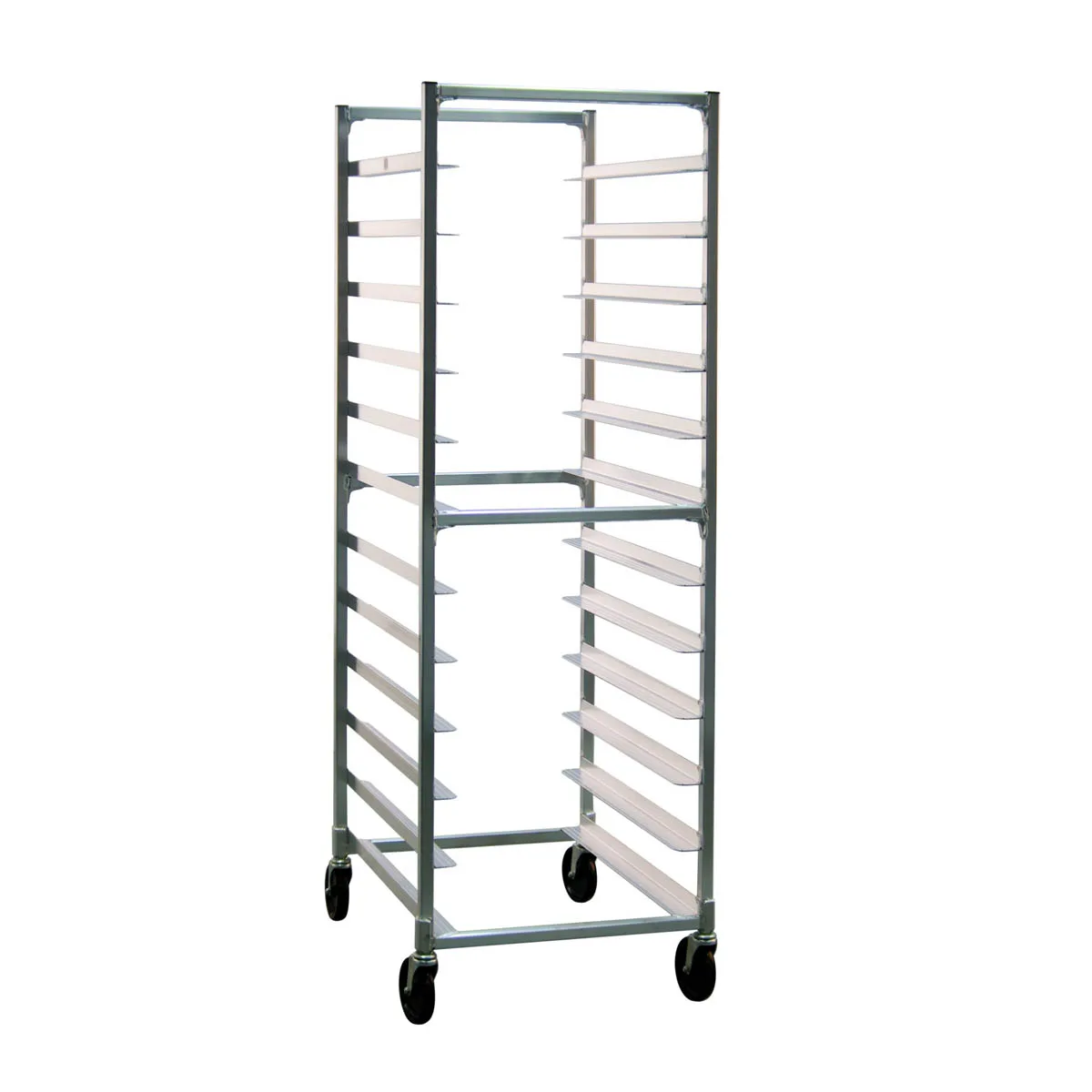 New Age NS833 24 Tray Full Height Side Load Aluminum Mobile Tray Rack for 15" x 20" Trays