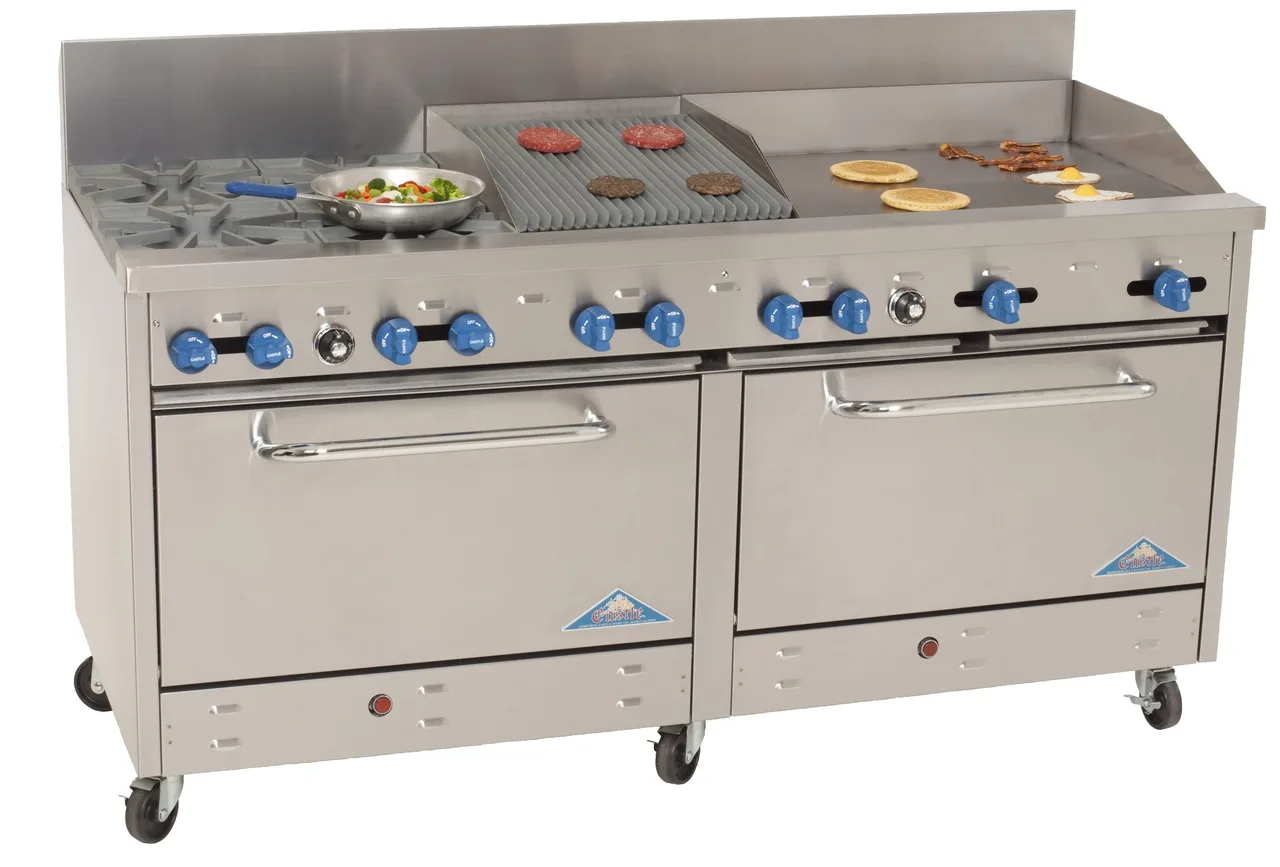 Comstock-Castle 2F330-12-3RB 72" Gas Restaurant Range w/ (4) Open Burners, (1) 12" Griddle, (1) 36" Charbroiler, (2) Standard Ovens, 282.000 BTU