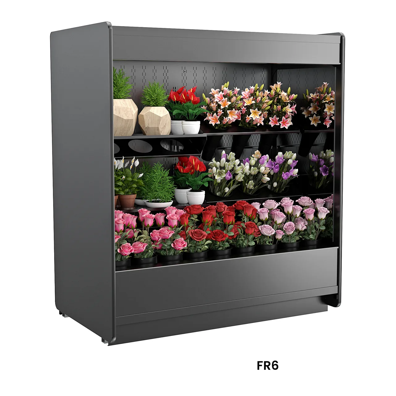 Structural Concepts FR8 - Merchandiser, 93"W x 43"D x 84"H, Black, 4000K Light, Shelving, 16 Buckets