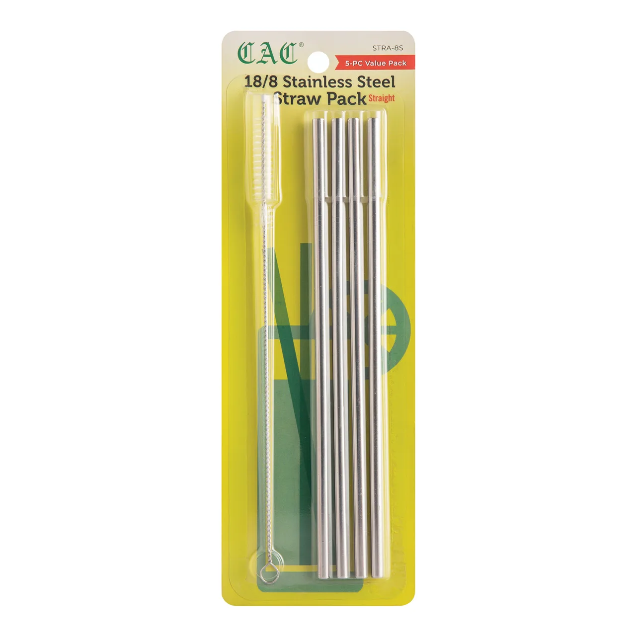 CAC China STRA-8S Reusable Straws, 1/4" dia. x 8-1/2"L, Straight, Stainless Steel, 5/Pack