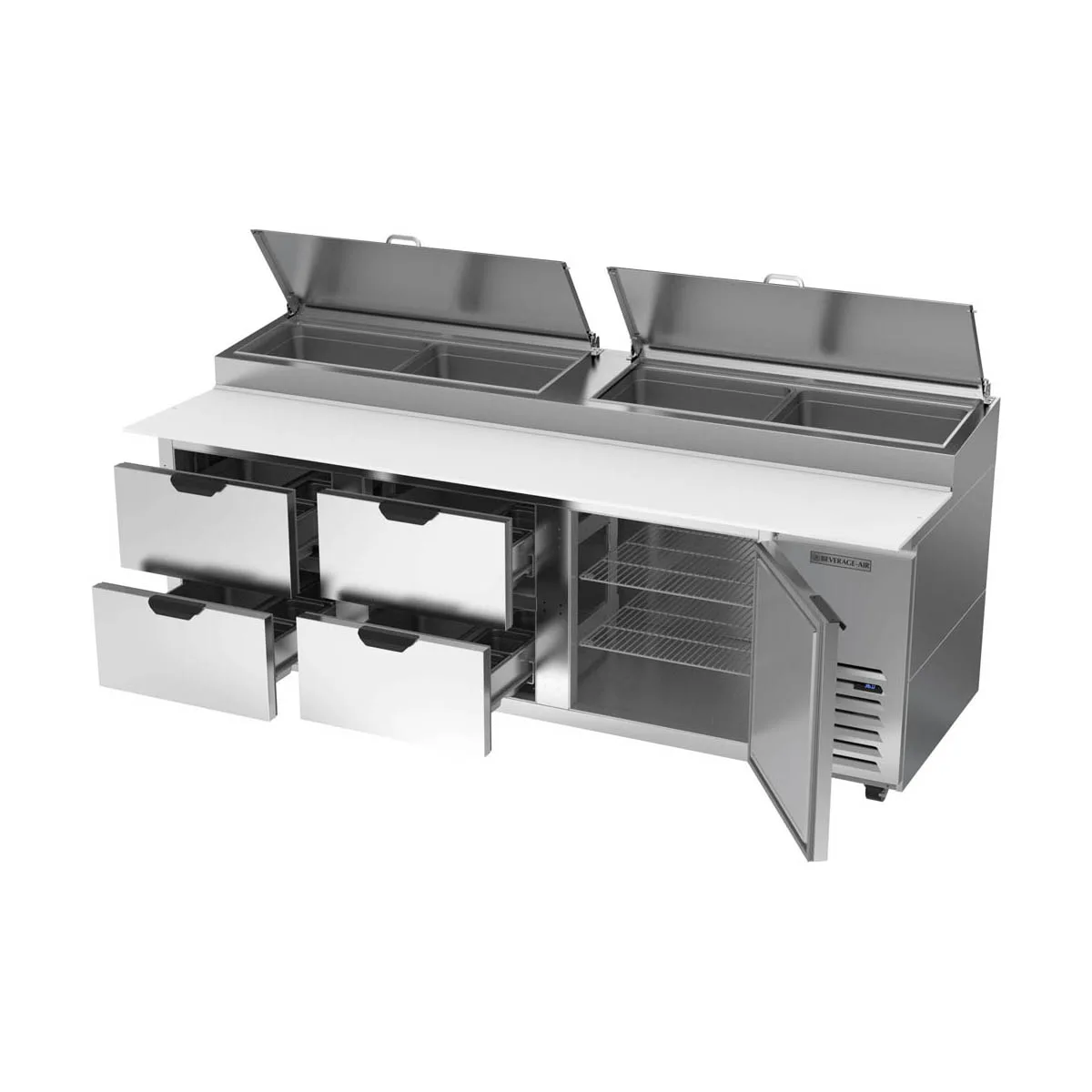 Beverage Air DPD93HC-4 93" 3-Section Refrigerated Pizza Prep Table w/ 1 Door & 4 Drawers
