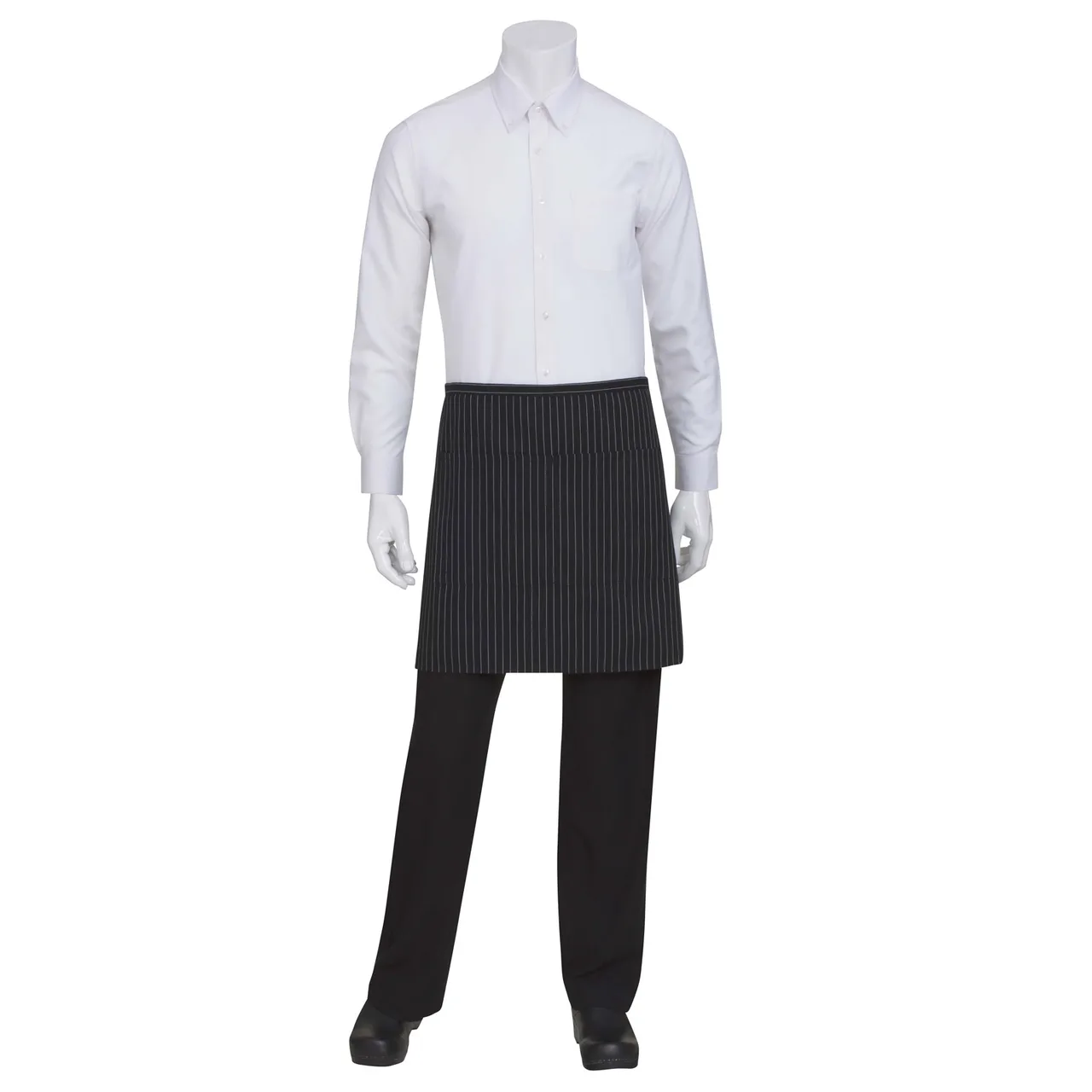 Chef Works F28-BWP-0 Bistro Waist Apron, 19"L X 27.5"W, Poly/Cotton, Black/White Stripes - 1/Case