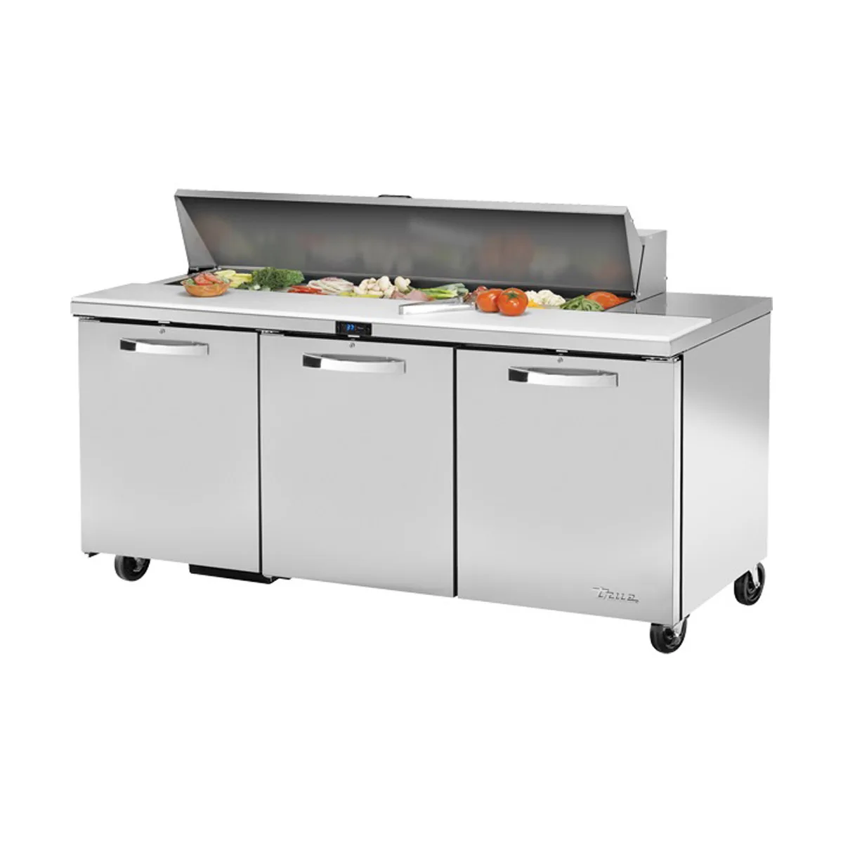True TSSU-72-16-HC~SPEC3 72" Three Section Sandwich / Salad Prep Table w/ 3 Doors, 16 Pans