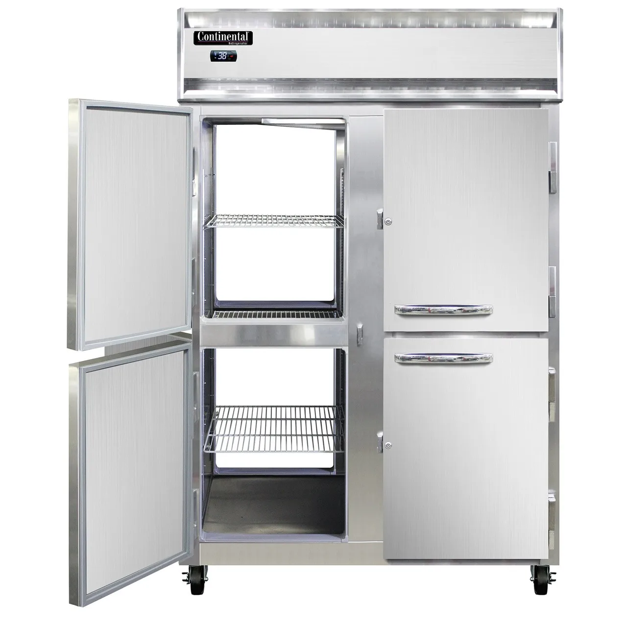 Continental Refrigerator 2RNSAPTHD 52" 2-Section Pass-Thru Refrigerator w/ 8 Half Solid Doors, Stainless Steel Exterior, 50 cu. ft.