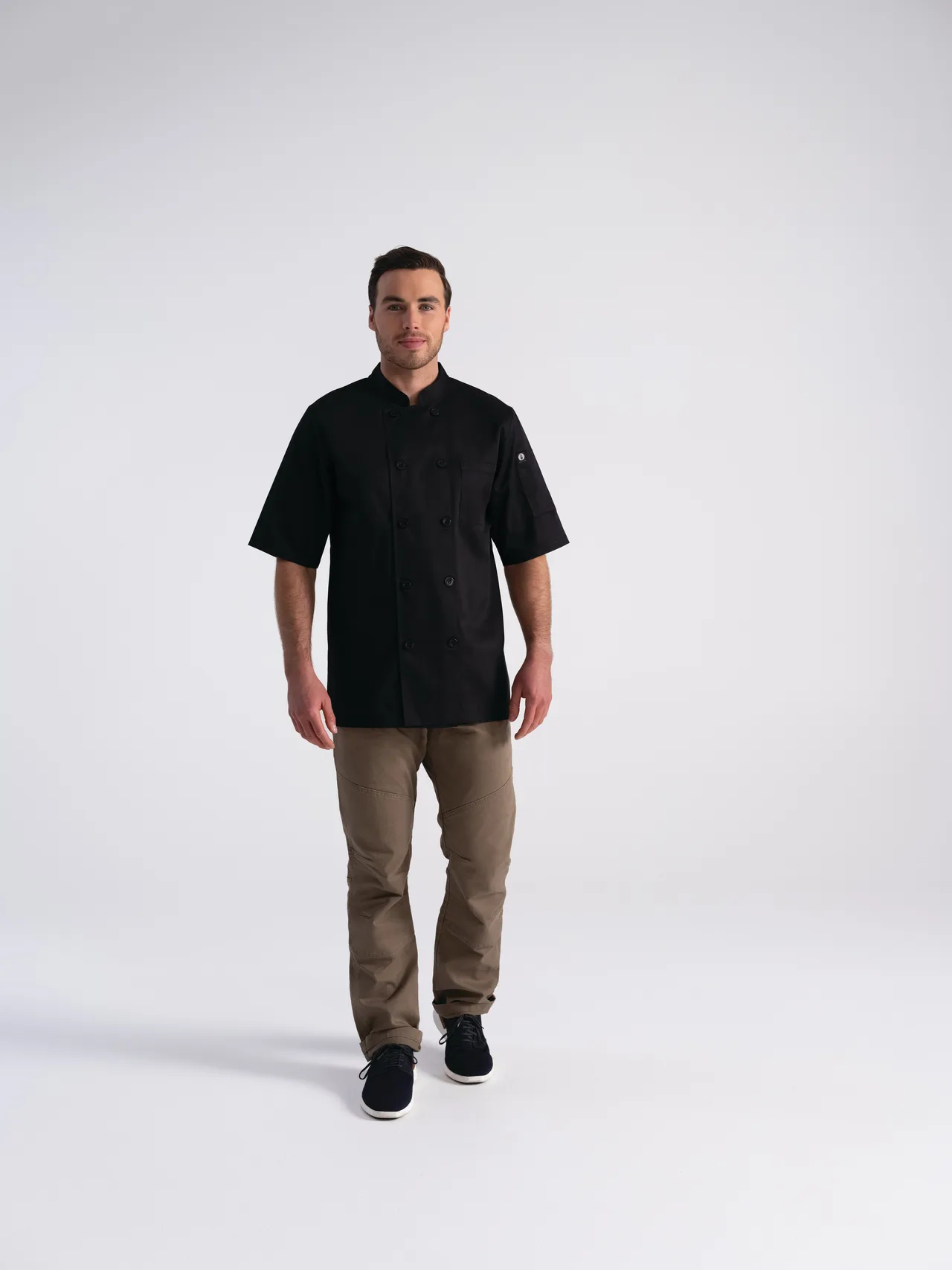 Chef Works PCSS-BLK-4XL Chef Coat, 4XL Short‑Sleeve, Poly‑Cotton Blend, Black, Pocket & Thermo Sleeve