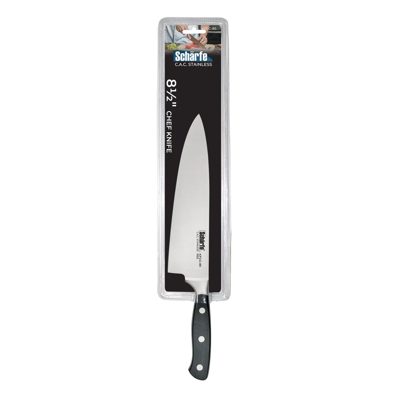 CAC China KFCC-85 Scharfe Chef Knife 8-1/2" Forged Full Tang, High‑Carbon Steel, Black Handle