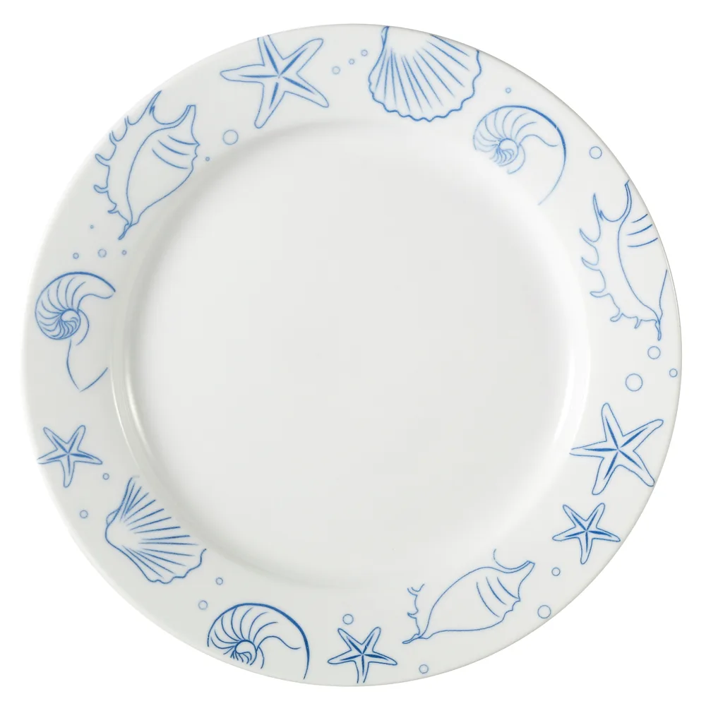 CAC China ATC-21 Atlantic Seashell Plate, 12" Dia x 1-1/4" H, Porcelain, Blue Rim White - Dozen