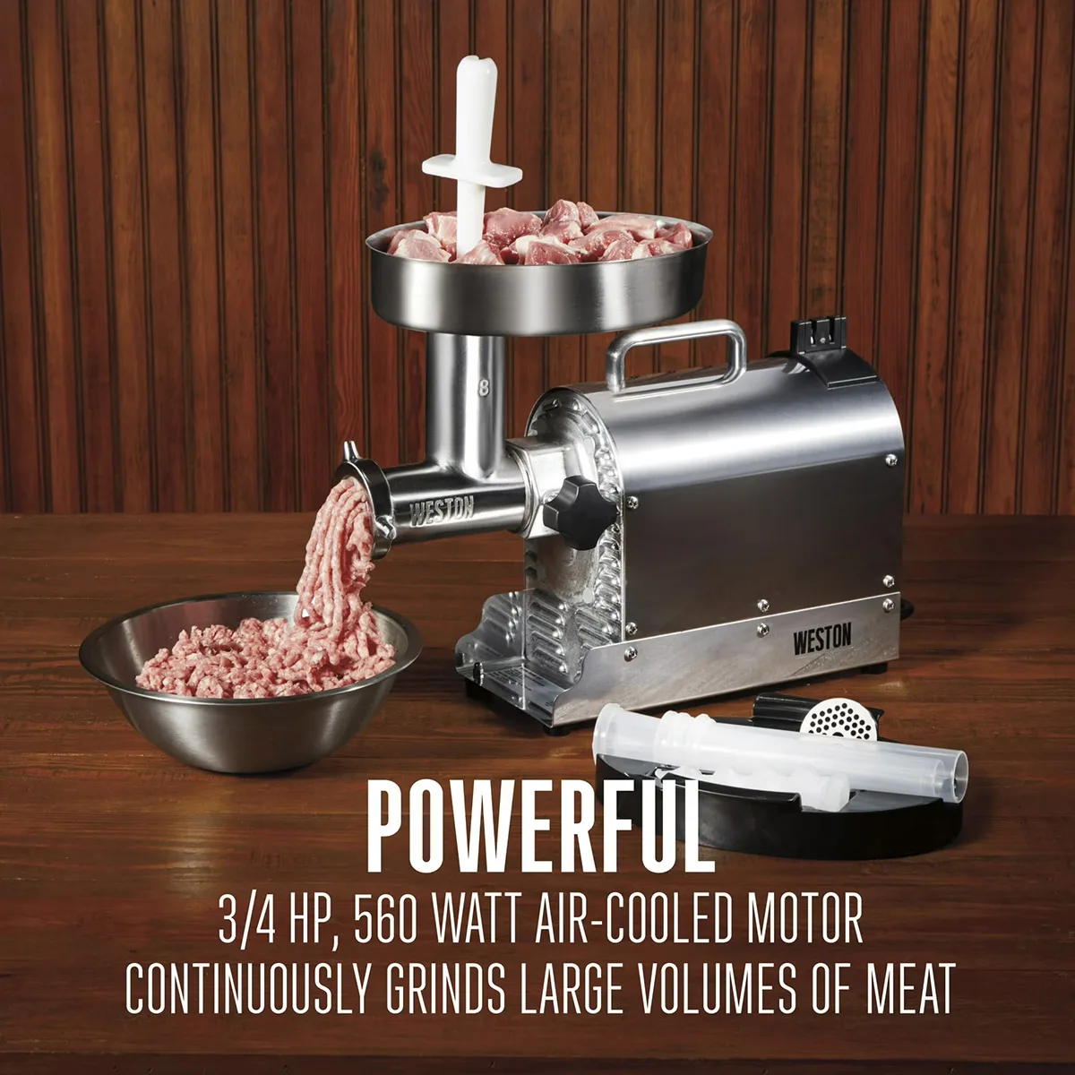 Hamilton Beach 10-0801-W Meat Grinder, #8 Hub, 3/4 HP, 550W, 120V, 4.5mm/7mm Plates, 4 Sausage Funnels