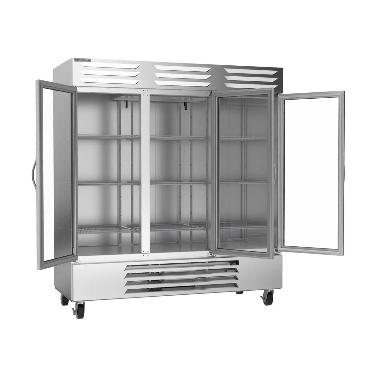 Beverage Air RB72HC-1G 75" Three Reach-In Refrigerator w/ 3 Glass Doors, Bottom Mounted, Aluminum Interior, 69 cu. ft.
