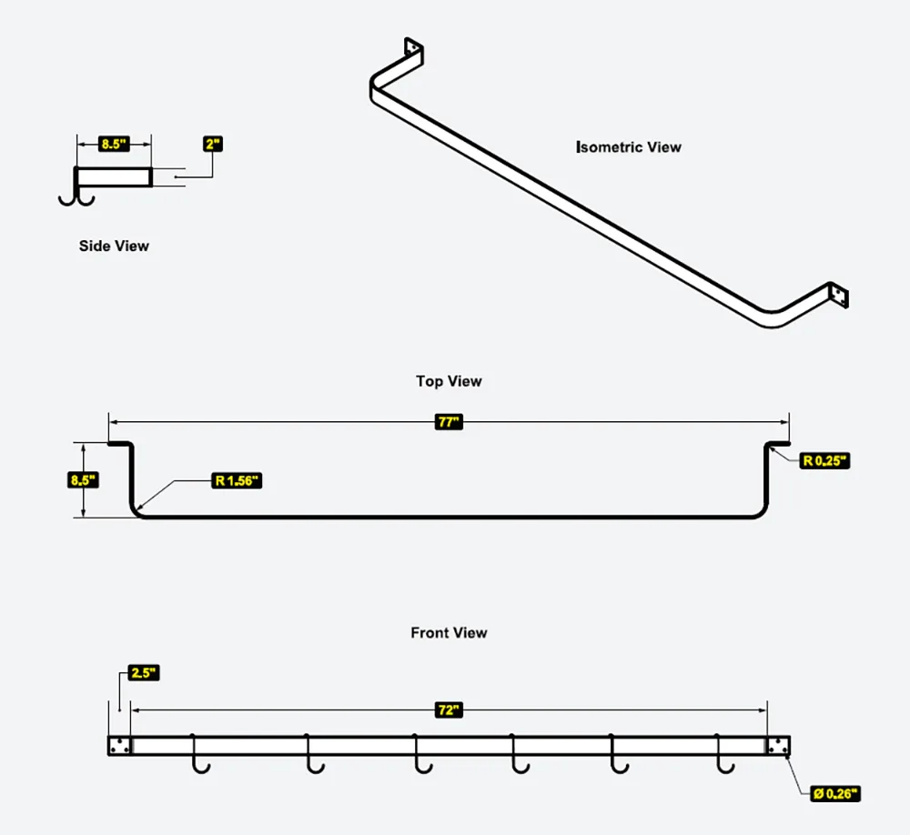 Serv-Ware SW1-72-CWP-8 Stainless Steel Wall-Mounted Pot Rack w/ 6 Double Prong Hooks