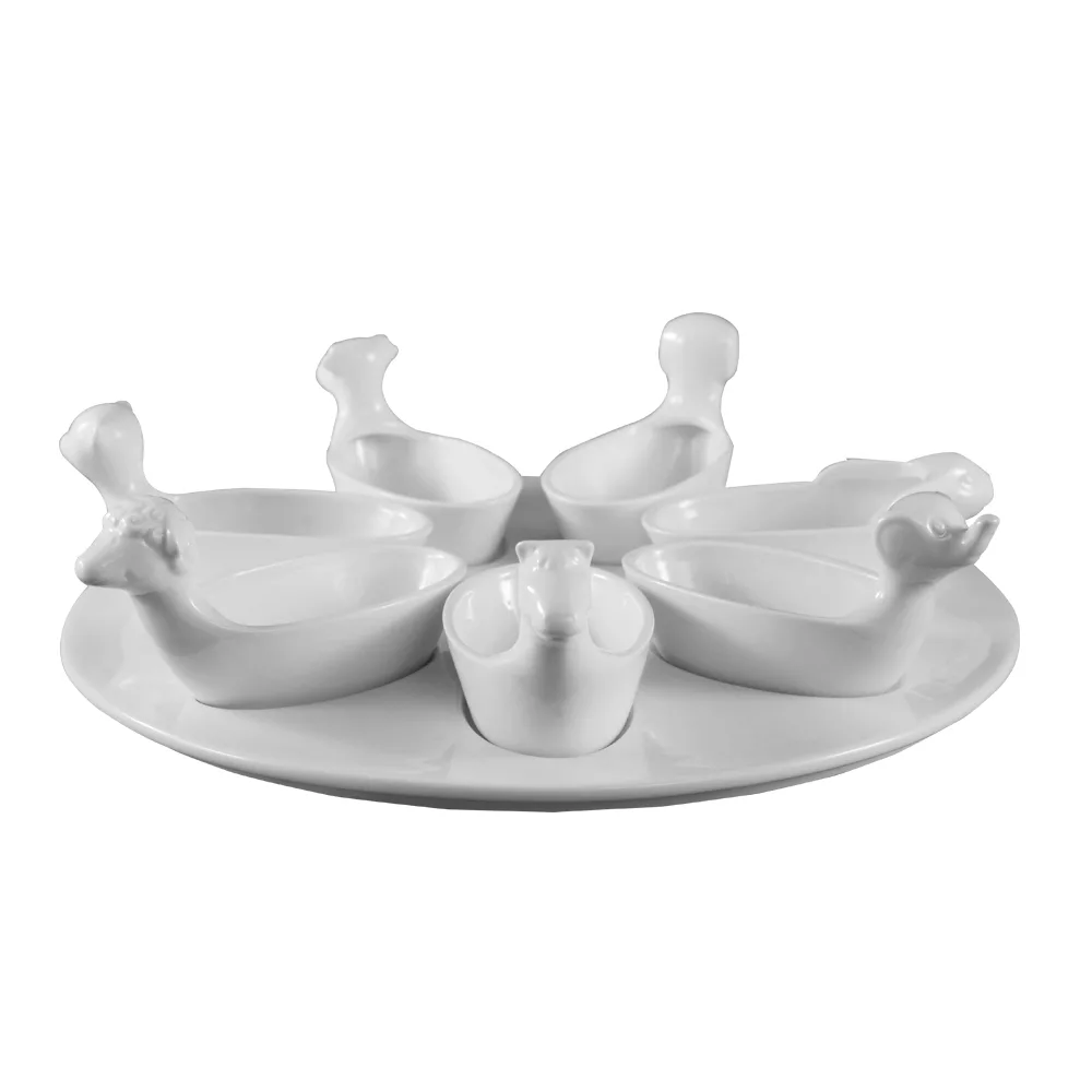 CAC China PTA-7-S Porcelain Bowl Set, 7 Animal 3.5 oz Dishes + 11.5" Tray, White, Dishwasher Safe - Set