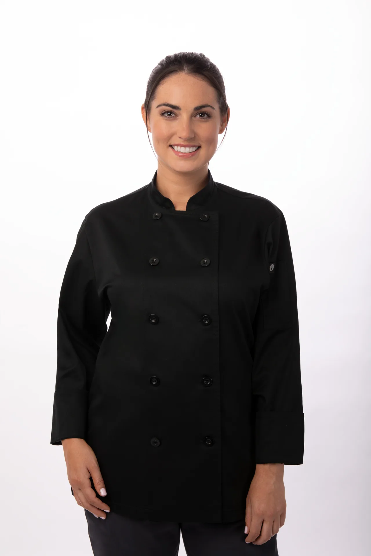 Chef Works BCW004-BLK-XS - Double‑Breasted Chef Coat, XS, 65/35 Poly‑Cotton Black, Turn‑Back Cuffs