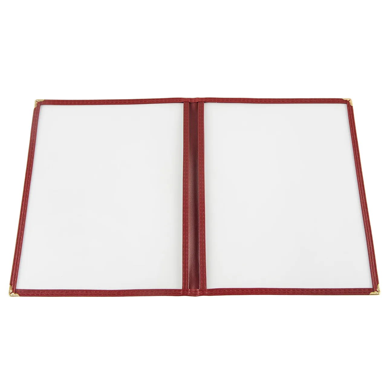 CAC China MCP2-911BY Menu Cover, 2-Pocket, 8-1/2" x 11", Clear View, Brass Corners, Burgundy Trim