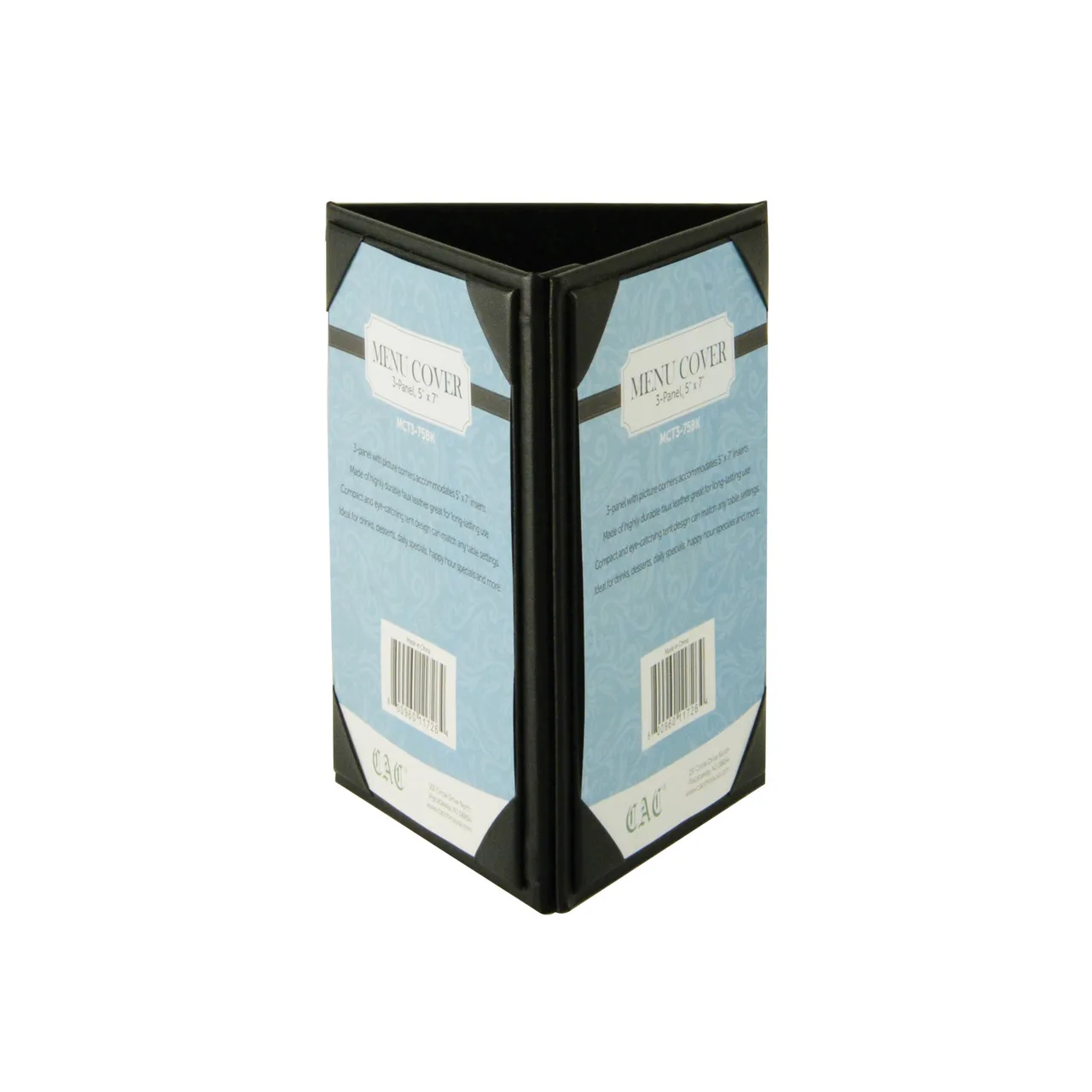 CAC China MCT3-75BK Menu Tent Cover, 2‑Panel 5" x 7" Insert, Faux Leather Black, Leather‑Like Material