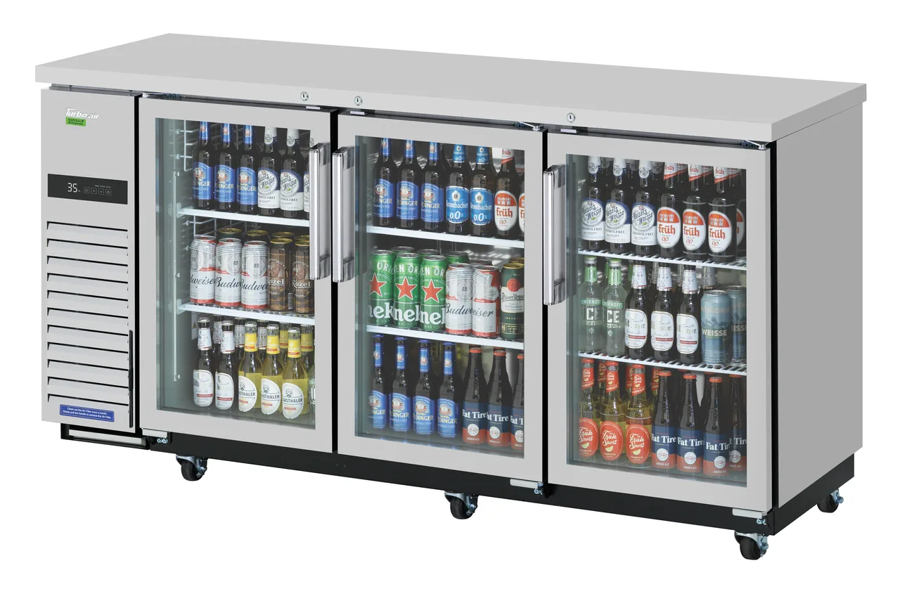 Turbo Air TBB-24-72SGSD-N Refrigerated Back Bar Cabinet w/ 20.62 Cu Ft, 3 Glass Doors, Side Mount