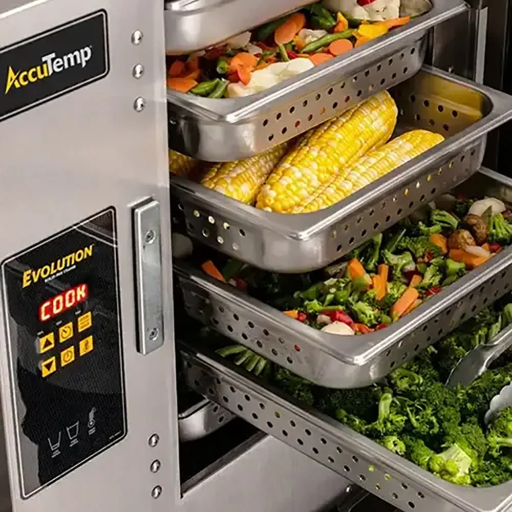 AccuTemp P3/P61201E060 DBL 9 Pan LP Gas Boilerless Connected Steamer, Double Stacked, Stand Mounted