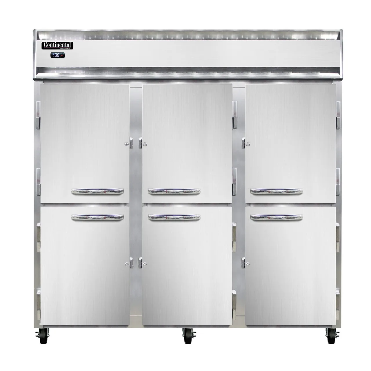 Continental Refrigerator 3RNSAPTHD 78" 3-Section Pass-Thru Refrigerator w/ 12 Half Solid Doors, Stainless Steel Exterior, 72 cu ft