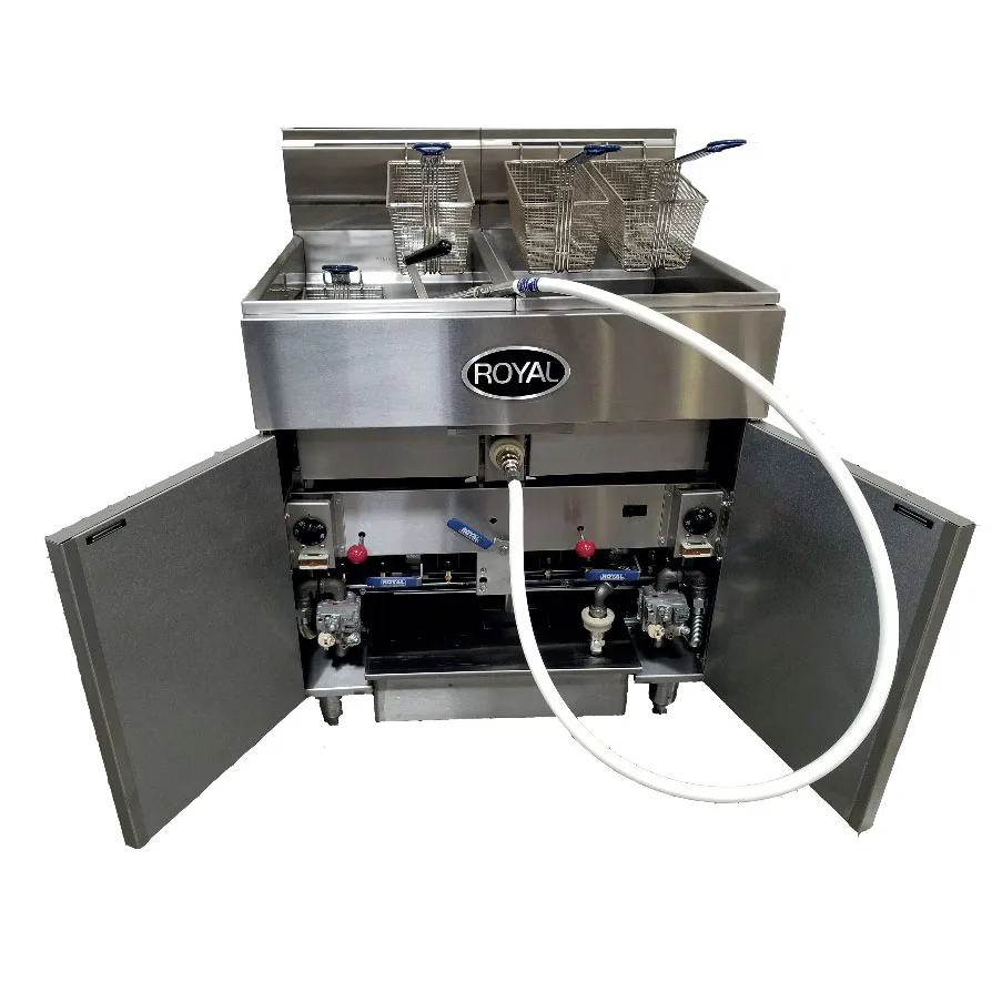 Royal Range of California RFT-75-4-EM Multi-Battery Gas Fryer w/ (4) 75 lbs Vats, Built-In Filter