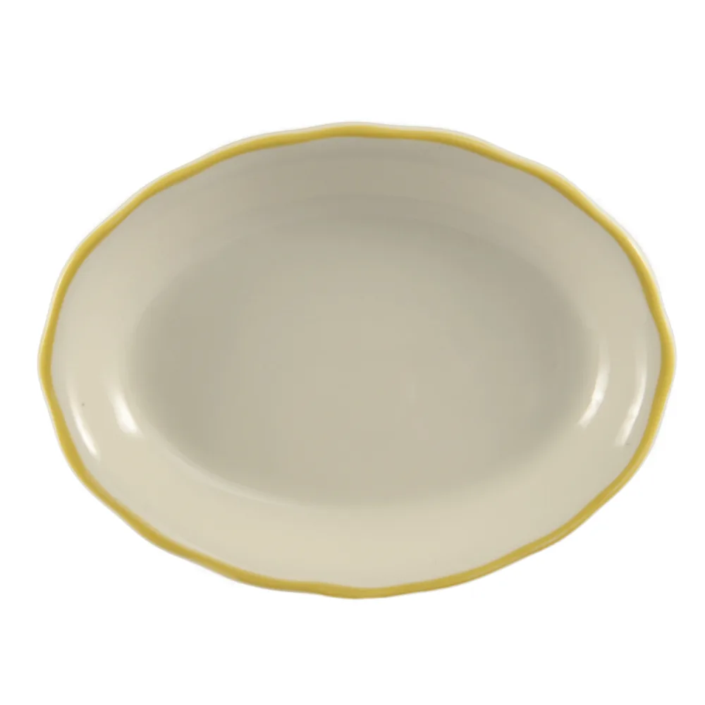 CACChina SC-40G Platter – 7-1/2" L x 5-3/4" W x 7/8" H, Oval Scallop, Gold/White Ceramic, 1 Dozen
