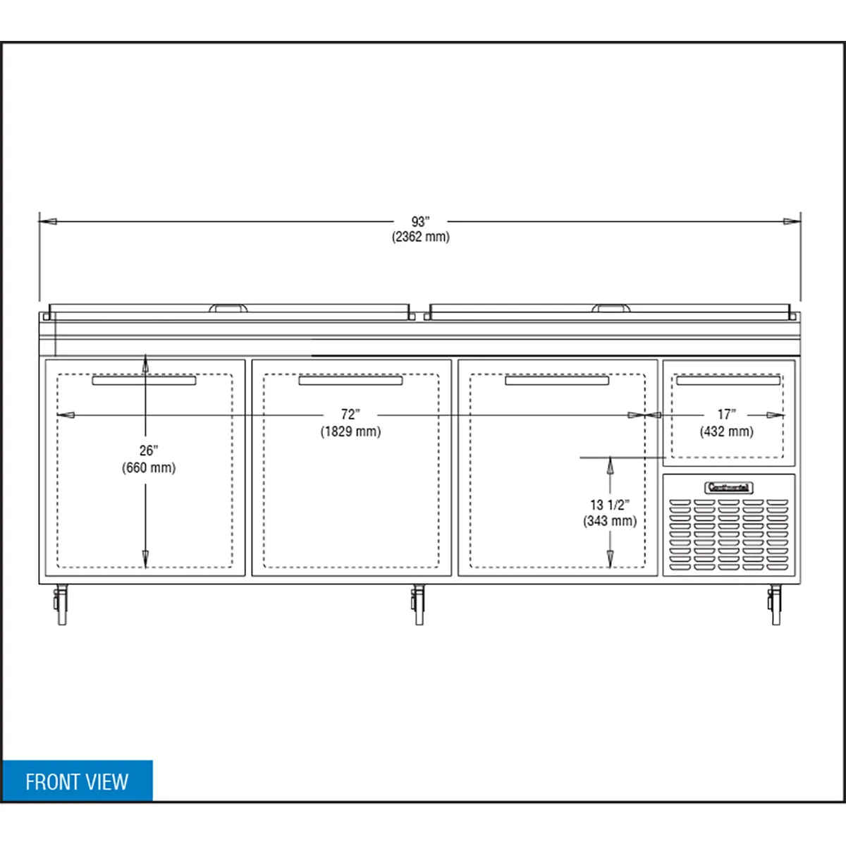 Continental Refrigerator PA93N 93" Pizza Prep Table w/ 3 Full & 1 Half Doors, 32 cu. ft.