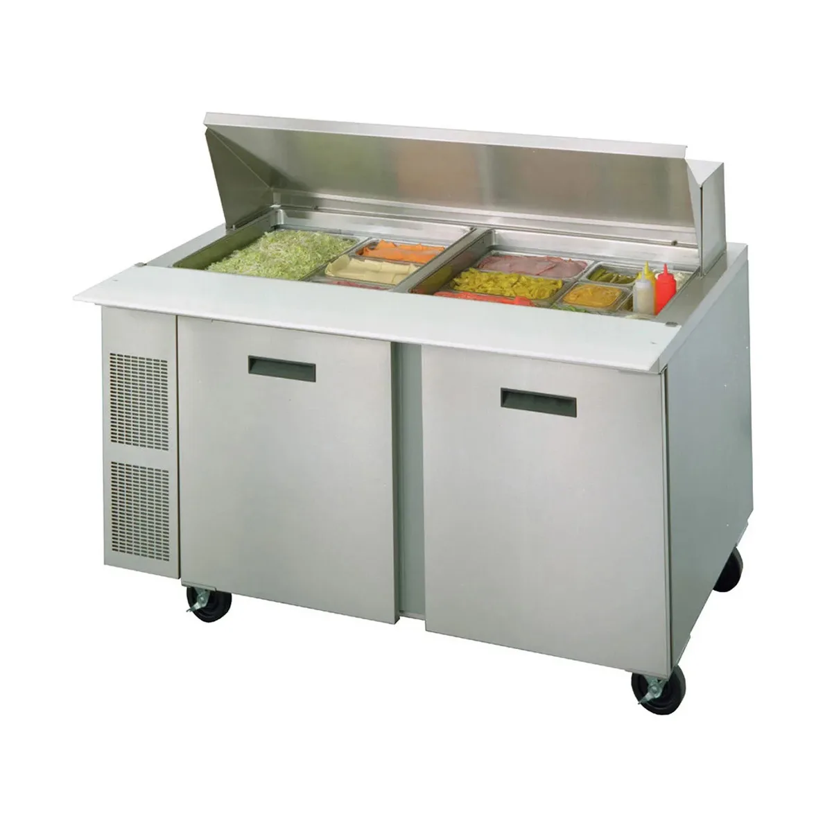 Randell PT60-24W-L 60" 2-Door Mega Top Sandwich Prep Table, 24 Pans, Stainless Steel